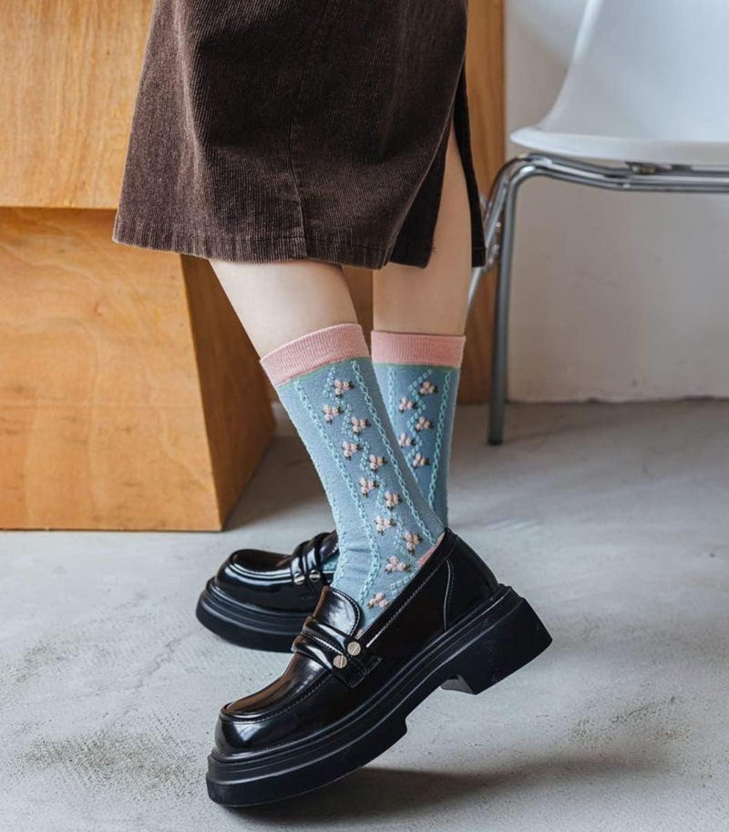 MarJunSep Cute Floral Crew Socks for Women Teen Girls Flower Cottagecore Frilly Vintage Fancy Cotton Socks - Image 3